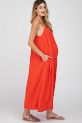 Red Square Neck Linen Sleeveless Maternity Maxi Dress