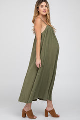 Olive Square Neck Linen Sleeveless Maternity Maxi Dress