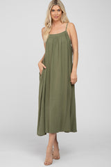 Olive Square Neck Linen Sleeveless Maternity Maxi Dress