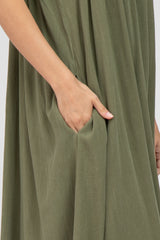 Olive Square Neck Linen Sleeveless Maxi Dress