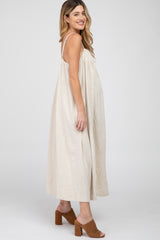 Beige Square Neck Linen Sleeveless Maternity Maxi Dress