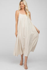 Beige Square Neck Linen Sleeveless Maternity Maxi Dress