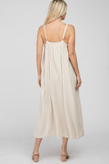 Beige Square Neck Linen Sleeveless Maxi Dress