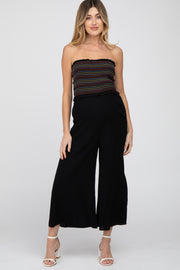 Black Striped Smocked Strapless Maternity Jumpsuit