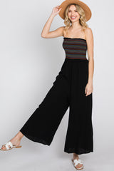 Black Striped Smocked Strapless Maternity Jumpsuit