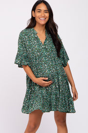 Green Floral Ruffle Sleeve Tiered Maternity Dress