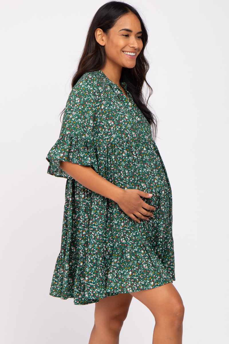 Green Floral Ruffle Sleeve Tiered Maternity Dress – PinkBlush