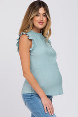 Light Olive Crinkle Ruffle Sleeve Maternity Tank Top