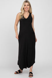 Black V-Neck Round Hem Maternity Midi Dress