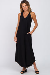 Black V-Neck Round Hem Midi Dress