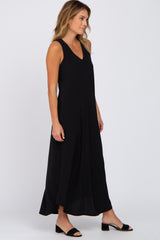 Black V-Neck Round Hem Midi Dress