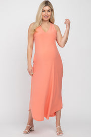 Coral V-Neck Round Hem Maternity Midi Dress