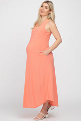 Coral V-Neck Round Hem Maternity Midi Dress