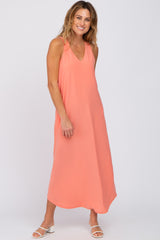 Coral V-Neck Round Hem Maternity Midi Dress