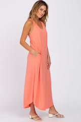 Coral V-Neck Round Hem Midi Dress