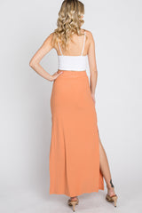 Peach Ribbed Side Slit Maxi Skirt