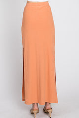 Peach Ribbed Side Slit Maxi Skirt