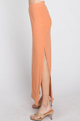 Peach Ribbed Side Slit Maxi Skirt