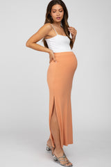 Peach Ribbed Side Slit Maternity Maxi Skirt