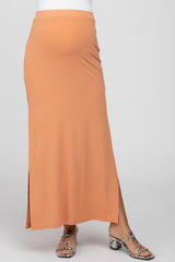 Peach Ribbed Side Slit Maternity Maxi Skirt