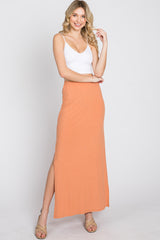 Peach Ribbed Side Slit Maxi Skirt