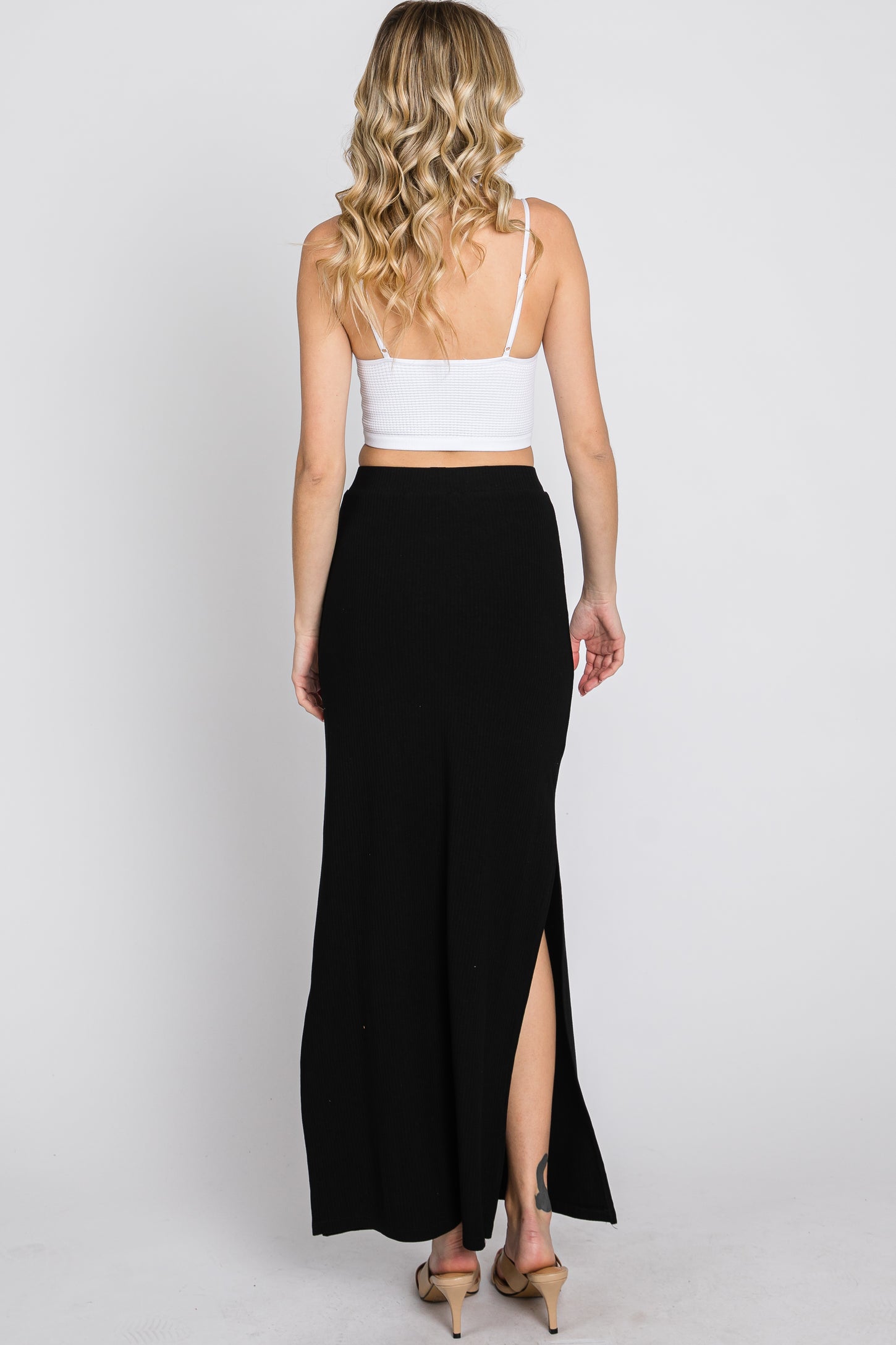 Jade Knitted Maternity Maxi Skirt with Side Split in Black