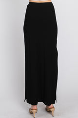 Black Ribbed Side Slit Maxi Skirt