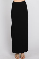 Black Ribbed Side Slit Maxi Skirt