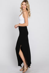 Black Ribbed Side Slit Maxi Skirt