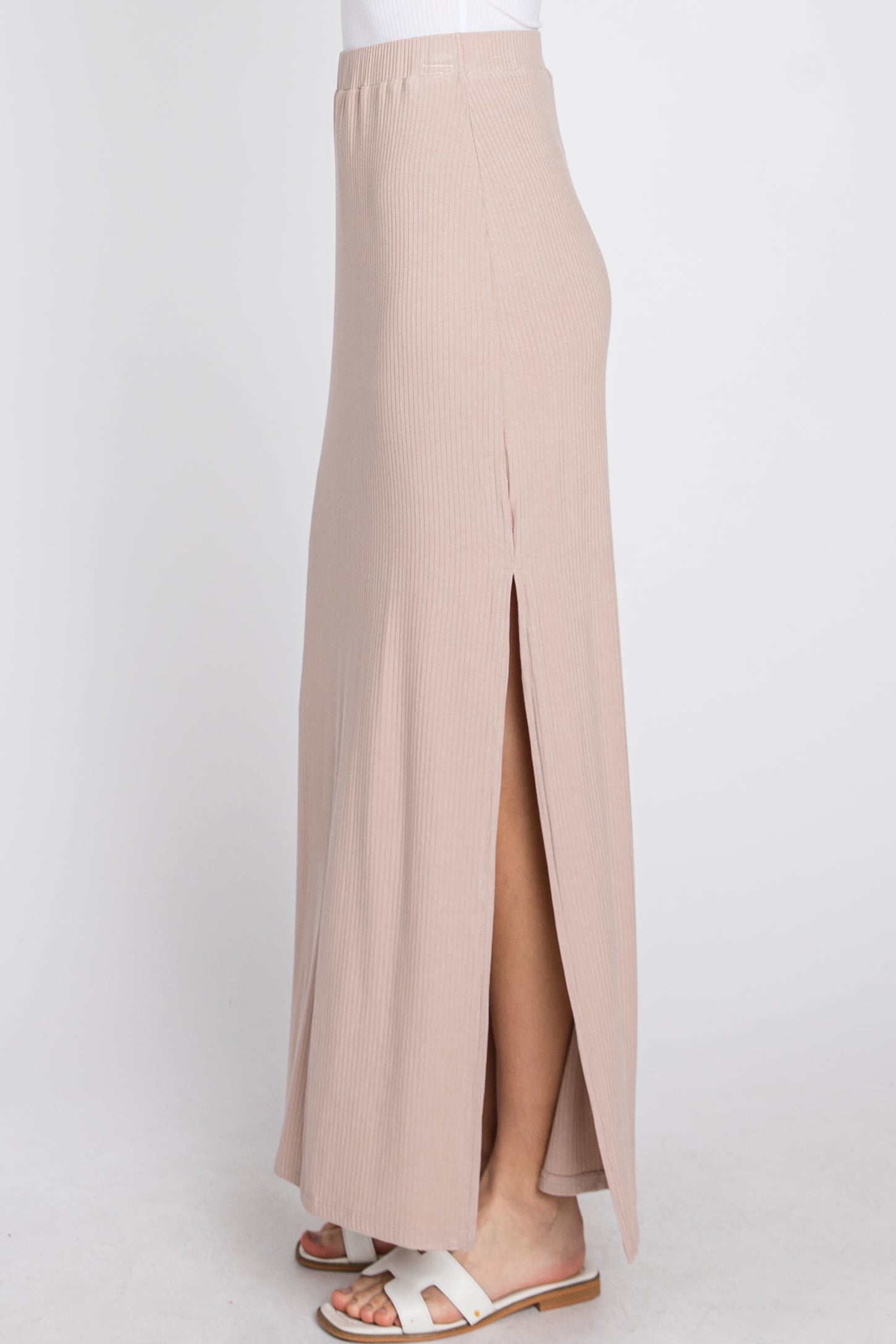 Taupe Ribbed Side Slit Maternity Midi Skirt– PinkBlush