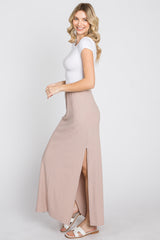 Taupe Ribbed Side Slit Maxi Skirt