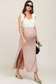 Taupe Ribbed Side Slit Maternity Maxi Skirt