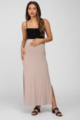 Taupe Ribbed Side Slit Maternity Maxi Skirt