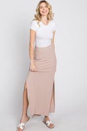 Taupe Ribbed Side Slit Maxi Skirt