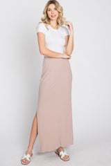 Taupe Ribbed Side Slit Maxi Skirt