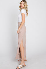 Taupe Ribbed Side Slit Maxi Skirt