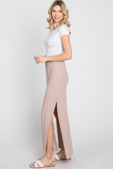 Taupe Ribbed Side Slit Maxi Skirt