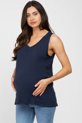 Navy Blue Criss Cross Cut Out Back Maternity Tank Top