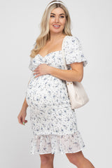 Ivory Floral Smocked Off Shoulder Maternity Fitted Dress