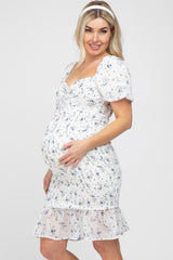 Ivory Floral Smocked Off Shoulder Maternity Fitted Dress