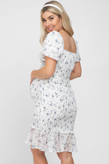 Ivory Floral Smocked Off Shoulder Maternity Fitted Dress