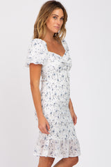 Ivory Floral Smocked Off Shoulder Fitted Dress