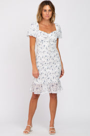 Ivory Floral Smocked Off Shoulder Fitted Dress