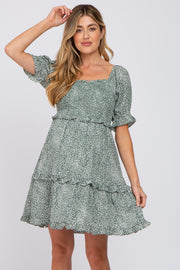 Forest Green Spotted Square Neck Smocked Ruffle Maternity Dress