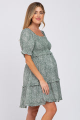 Forest Green Spotted Square Neck Smocked Ruffle Maternity Dress