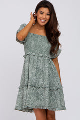 Forest Green Spotted Square Neck Smocked Ruffle Maternity Dress