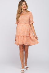 Peach Spotted Square Neck Smocked Ruffle Maternity Dress