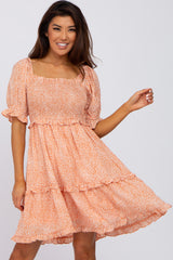 Peach Spotted Square Neck Smocked Ruffle Maternity Dress