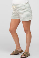 Light Olive Striped Drawstring Maternity Shorts