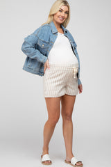 Beige Striped Drawstring Maternity Shorts